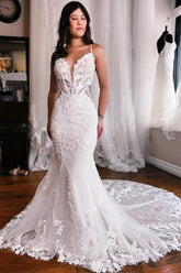 Spaghetti Straps Mermaid Floor Length Lace Wedding Dress with Chapel Train